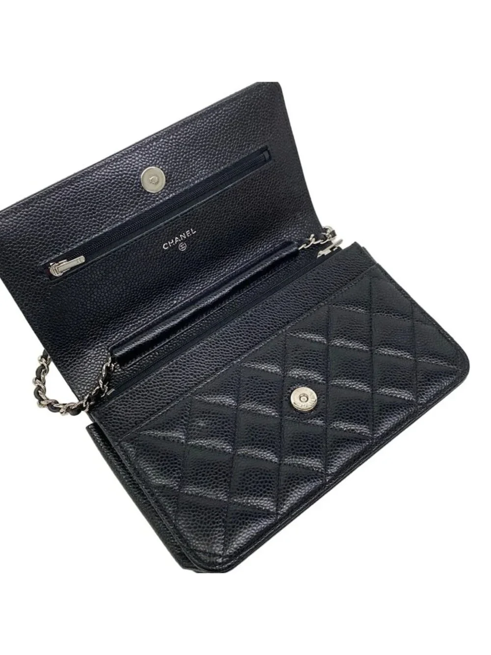 Chanel Wallet Quilted Black Chain Metal Silver Shoulder